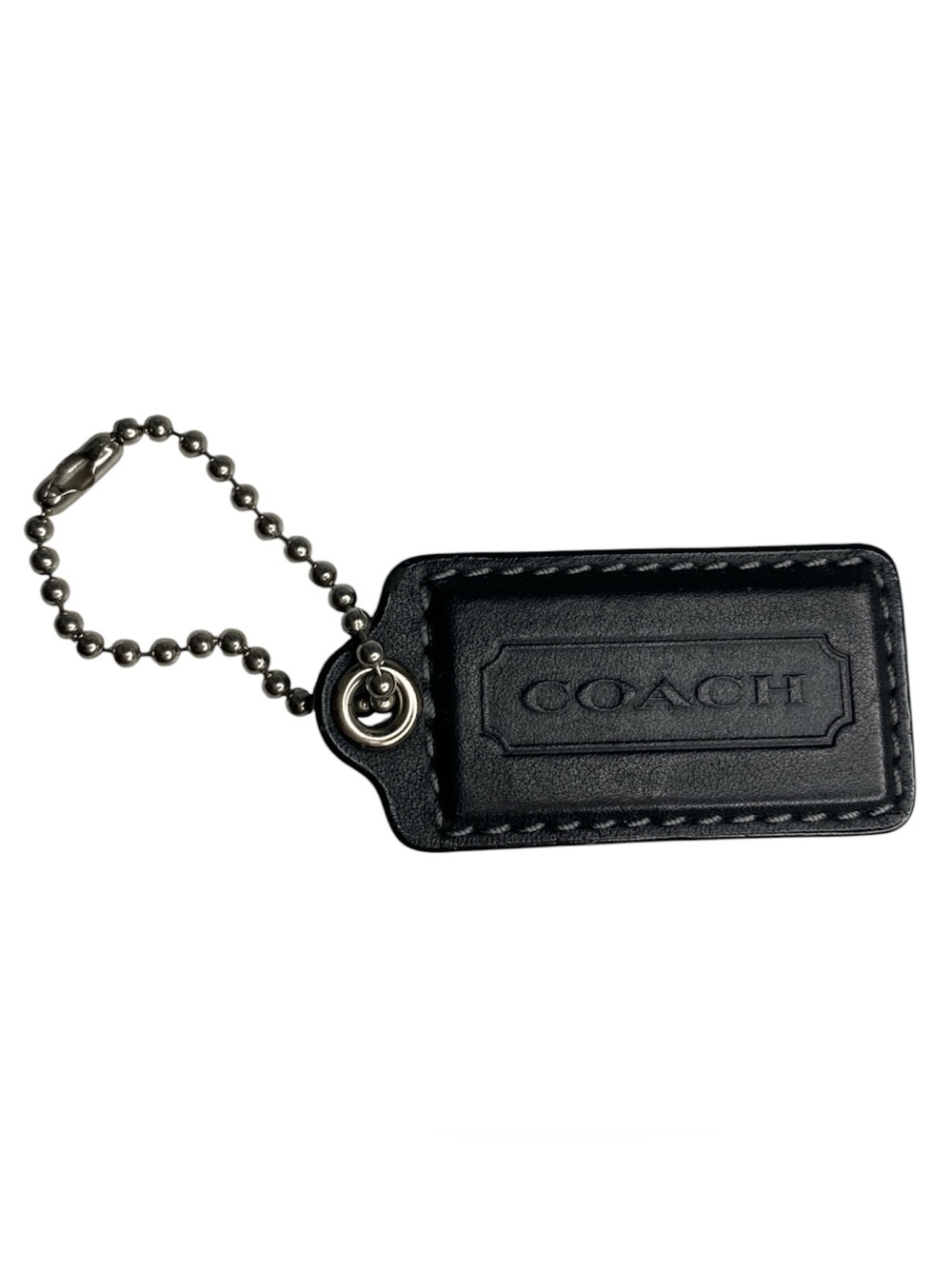 Authentic Coach Black Leather Bag Charm Hang Tag Keychain With Grey Stitching